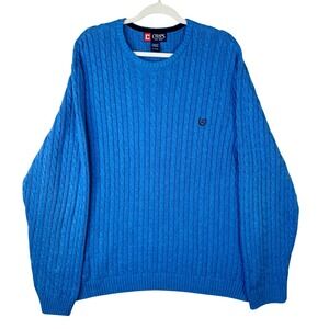 Chaps Mens Cable Knit Sweater XL Blue 100% Cotton Crew Neck Long Sleeve Pullover